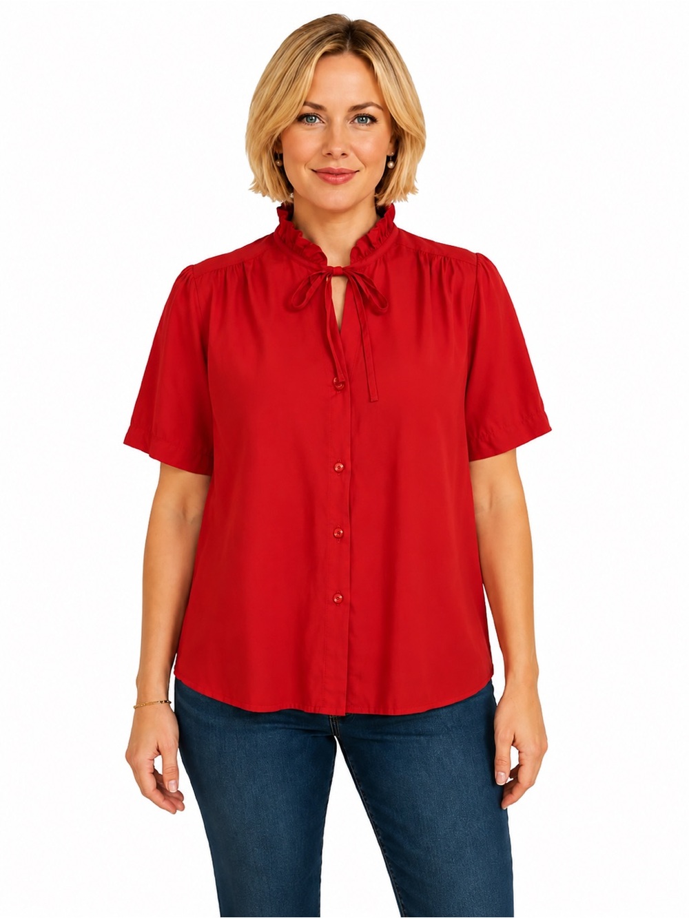 Vintage Ms Bond Red Secretary Blouse Size 38 Ruffle Neck Retro Career Top
